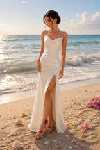 Sandales à talon aiguille roses fleurs 3D strass portées par un mannequin en robe ivoire sur plage au coucher du soleil — MITCH par AEF