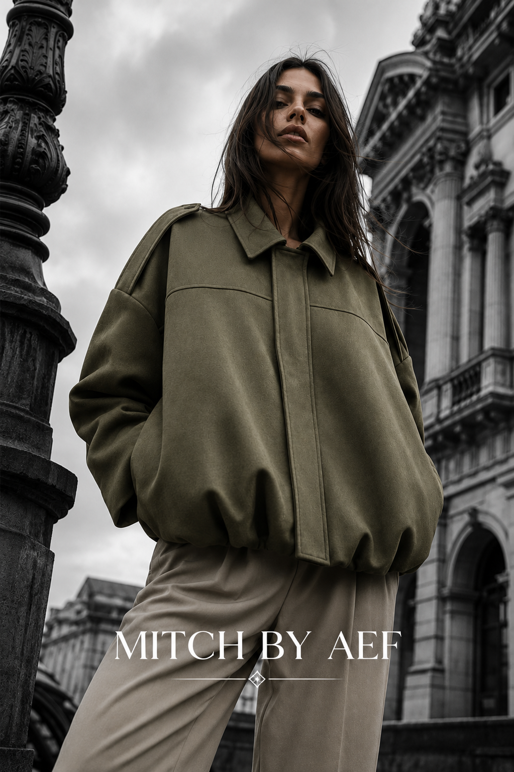 Veste bomber kaki effet daim pour femme, coupe oversize chic et look parisien premium – MITCH BY AEF